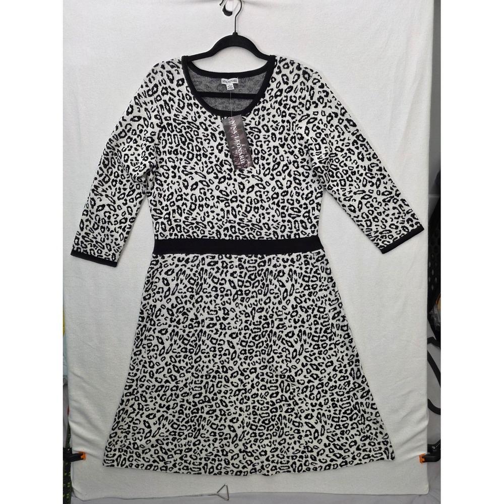 Nina Leonard Leopard Print A-Line Dress L Black White Rayon Knit Animal Print